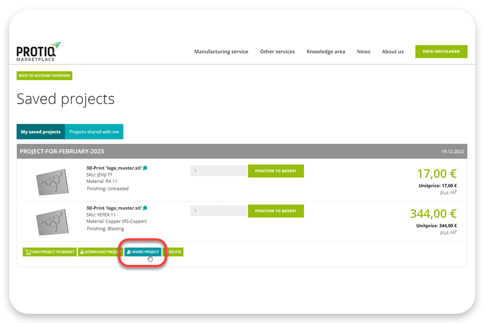Screenshot of protiq.com: Shopping carts can be saved as projects